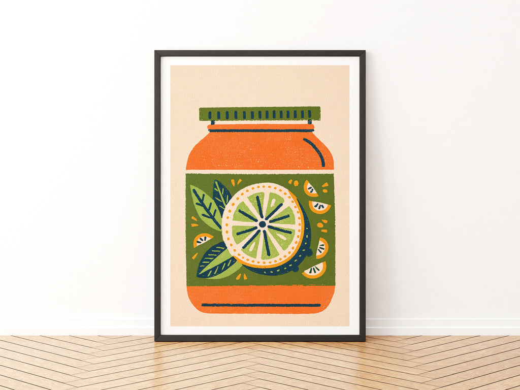 Vintage Food Poster Print, Retro Jam Jar Lemon Art, Rustic Kitchen Decor, Mid Century Risograph