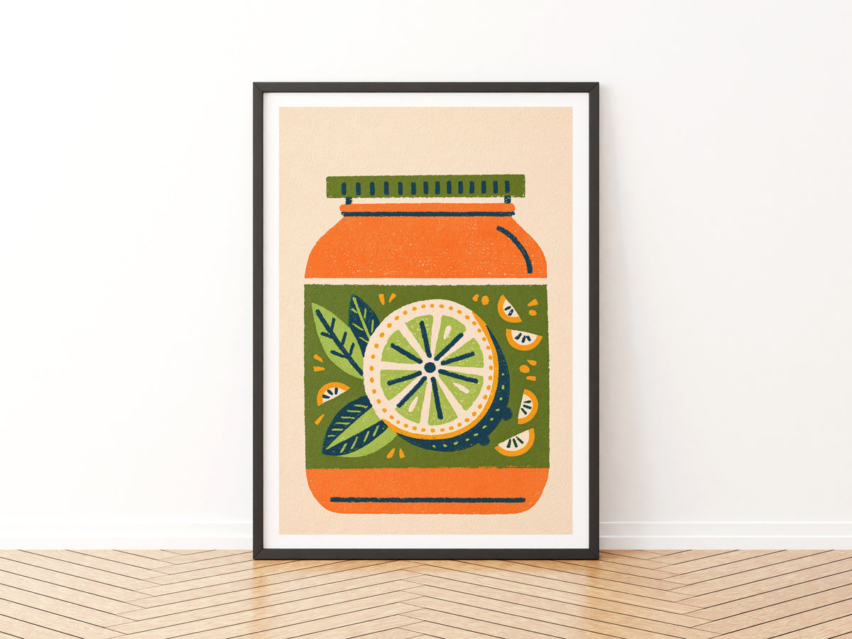 Vintage Food Poster Print, Retro Jam Jar Lemon Art, Rustic Kitchen Decor, Mid Century Risograph