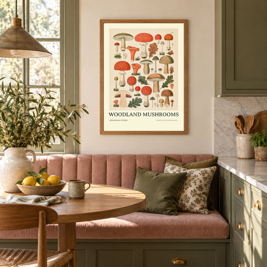 Vintage Woodland Mushrooms Print, Botanical Mycology Wall Art, Toadstool Poster, Cottagecore Kitchen