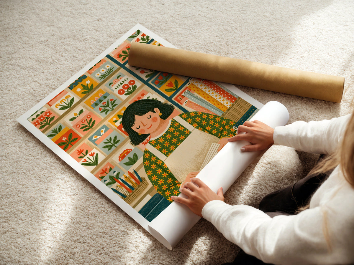 Retro Craft Room Print, Folk Art Paper Shop Poster, Sewing Print Gift for Crafters Wall Art