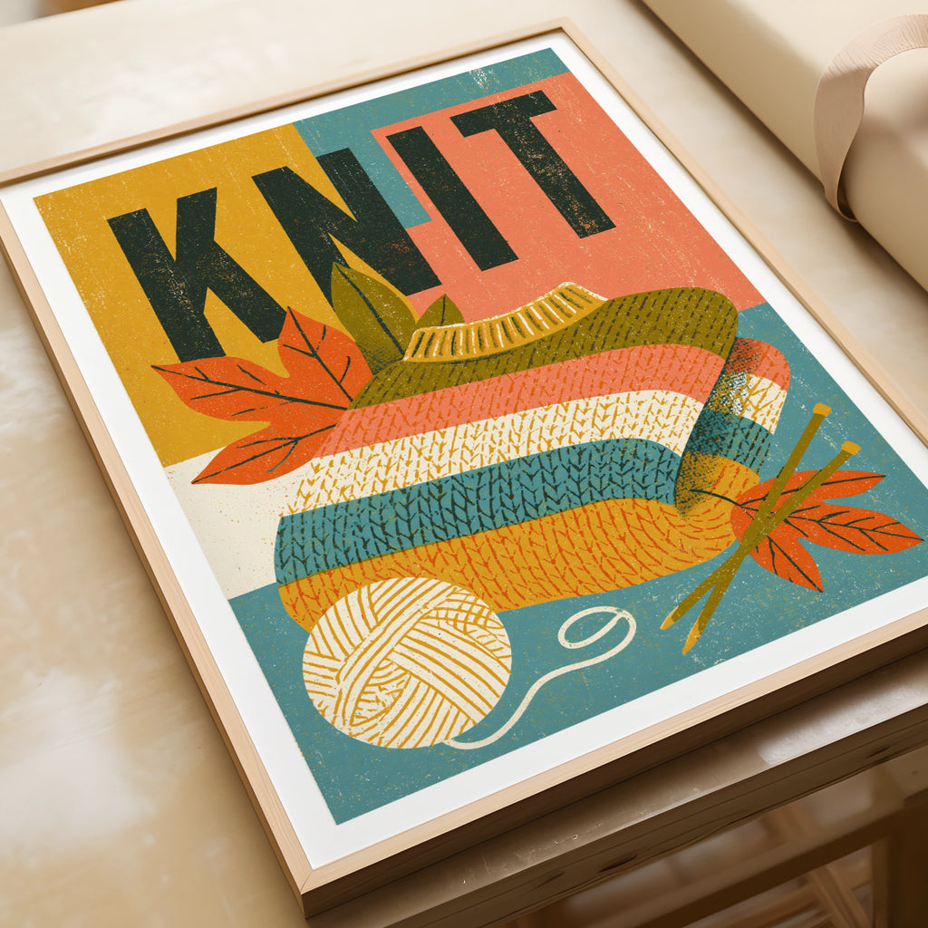 KNIT - Retro Knitting Poster, Knit Wall Art Print, Craft Room Decor, Autumn Yarn Gift