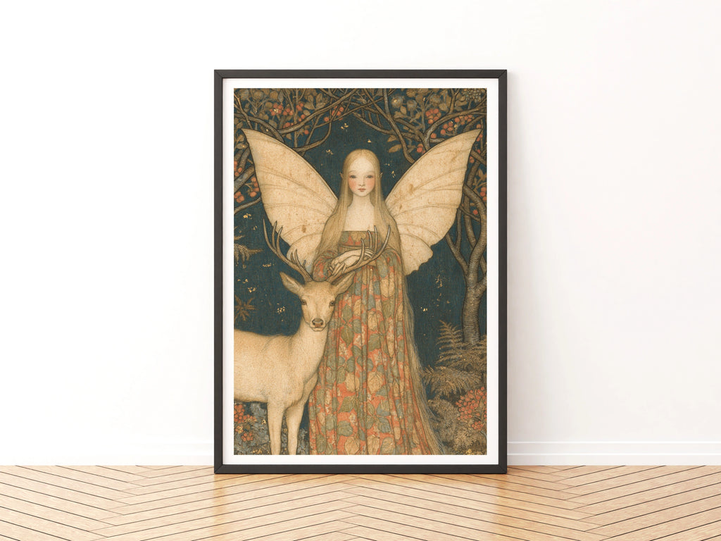 Fairy and White Stag Print, Classic Folk Art Poster, Woodland Fairy Wall Art, Botanical Fantasy