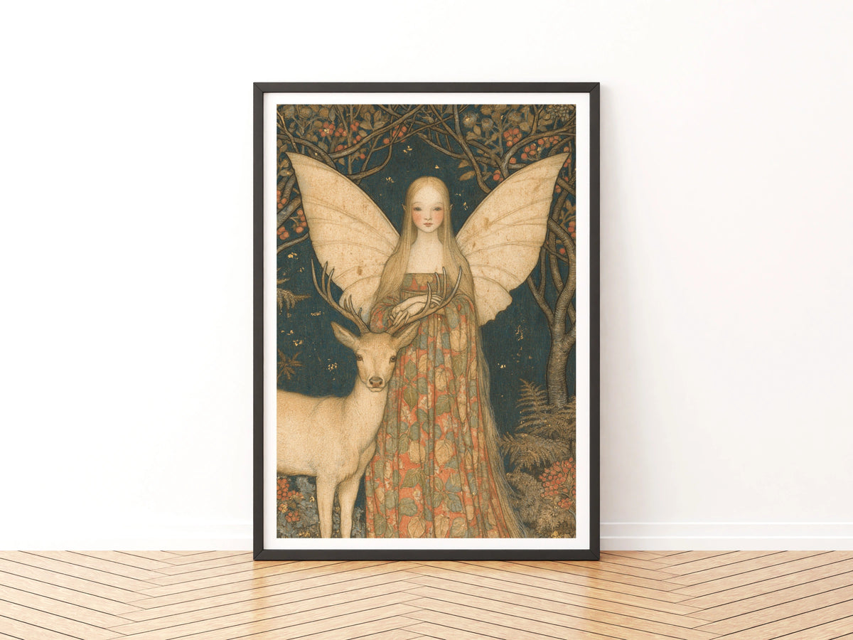 Fairy and White Stag Print, Classic Folk Art Poster, Woodland Fairy Wall Art, Botanical Fantasy