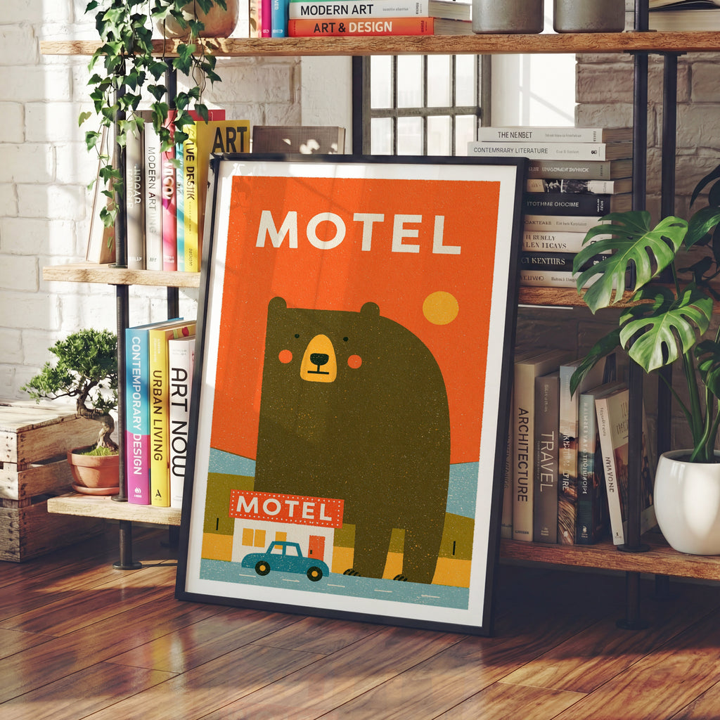 Retro Bear Motel Poster, Vintage Road Trip Wall Art, Funny Bear Print, Orange Quirky