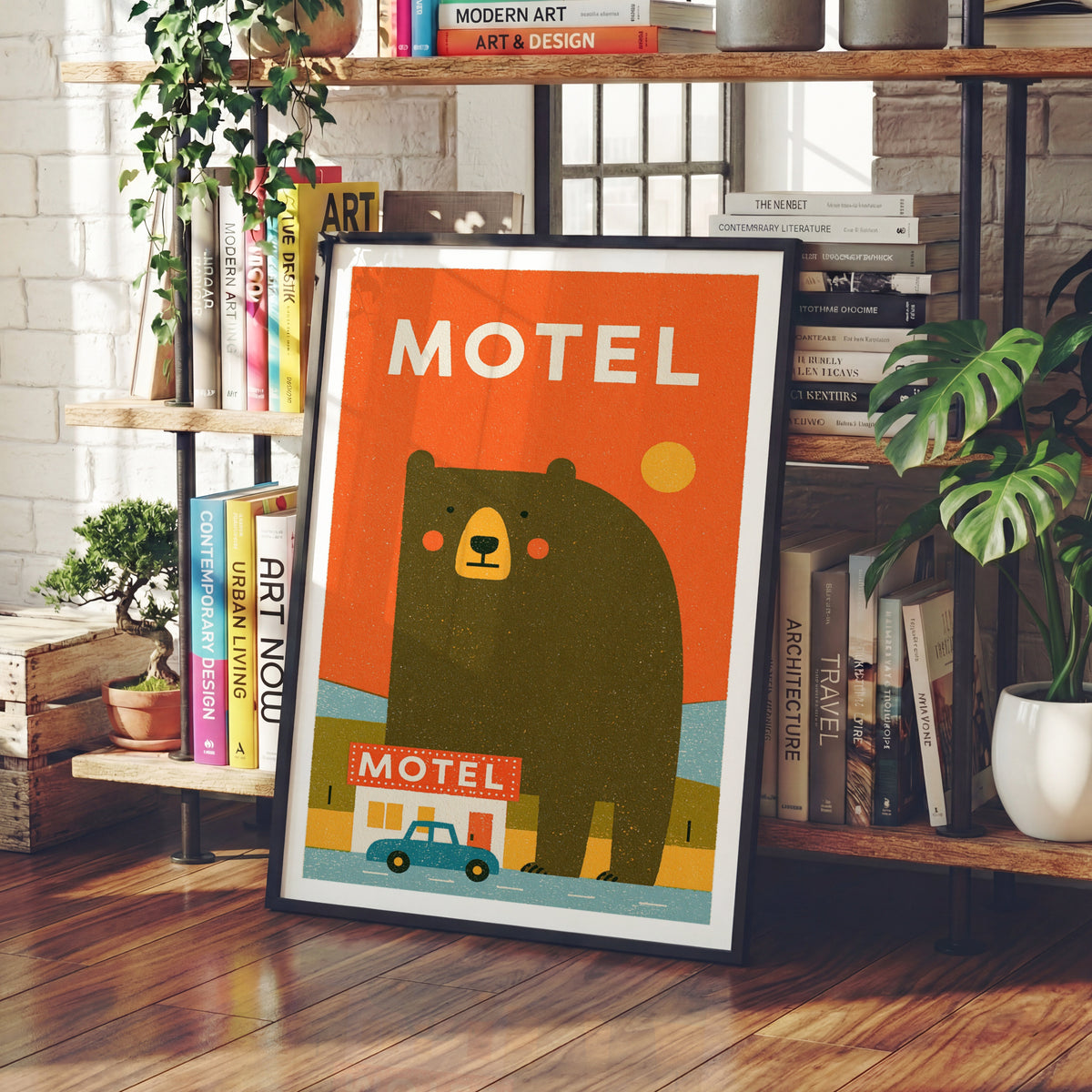 Retro Bear Motel Poster, Vintage Road Trip Wall Art, Funny Bear Print, Orange Quirky