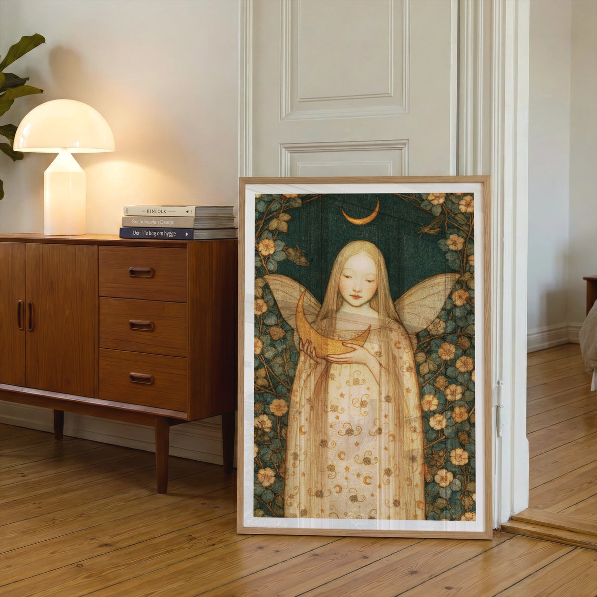 Fairy Moon Poster, Classic Folk Art Print, Celestial Floral Wall Art, Mystical Fairy Girl Decor