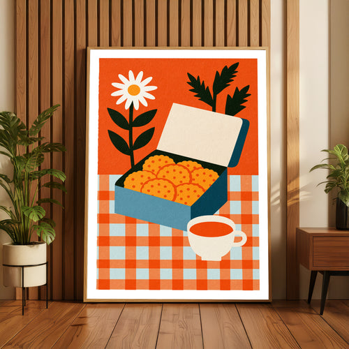 Vintage Food Poster Print, Biscuit Tin Tea Cup Art, Rustic Kitchen Decor, Retro Mid Century