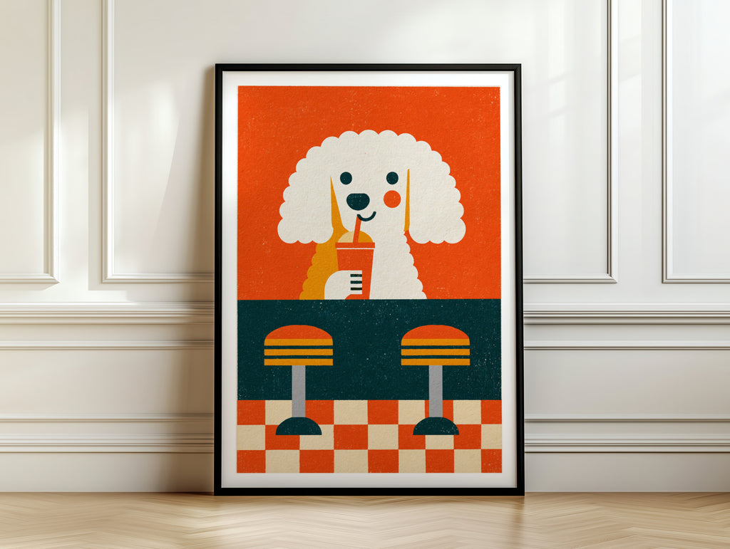 Retro Poodle Diner Poster, Vintage Dog Wall Art, Cute Puppy Print, Orange Retro Kitchen Decor