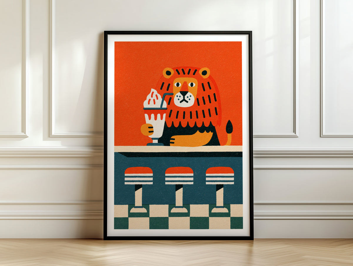 Retro Lion Diner Poster, Vintage Milkshake Wall Art, Funny Animal Print, Bold Colourful Decor