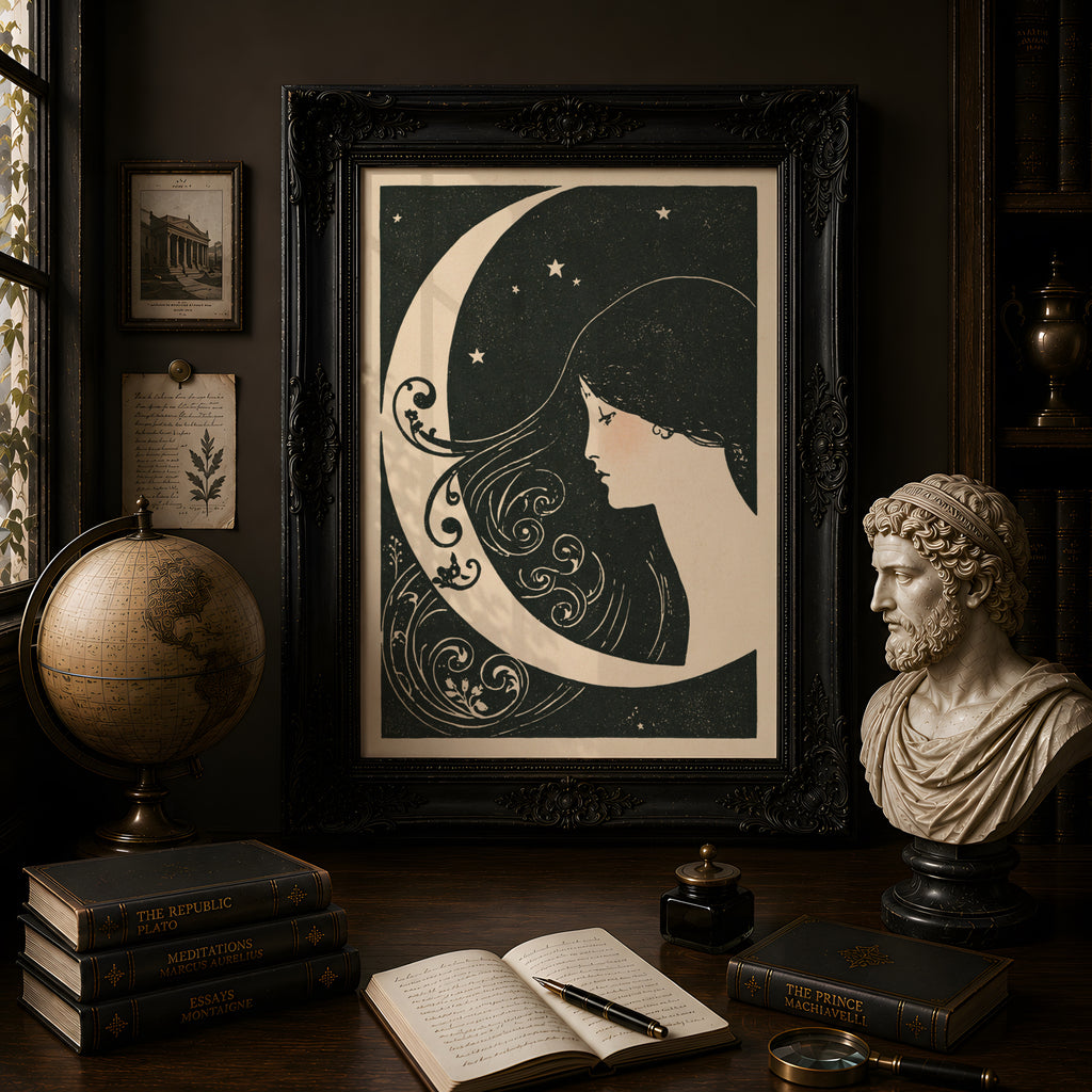 Art Nouveau Moon Print, Crescent Moon Woman Wall Art, Celestial Poster, Vintage Night Sky Stars