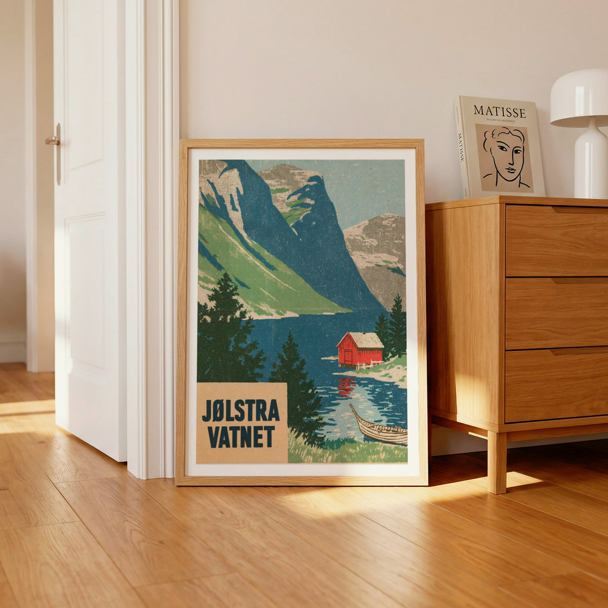 Retro Norway Fjord Poster, Jølstravatnet Lake Print, Vintage Travel Scandinavian Mountain Wall Art