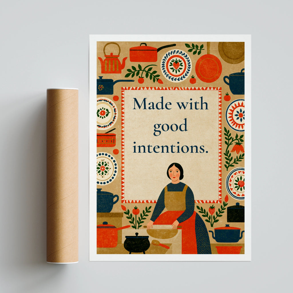 Made With Good Intentions Retro Kitchen Poster, Folk Art Cooking Print, Vintage Home