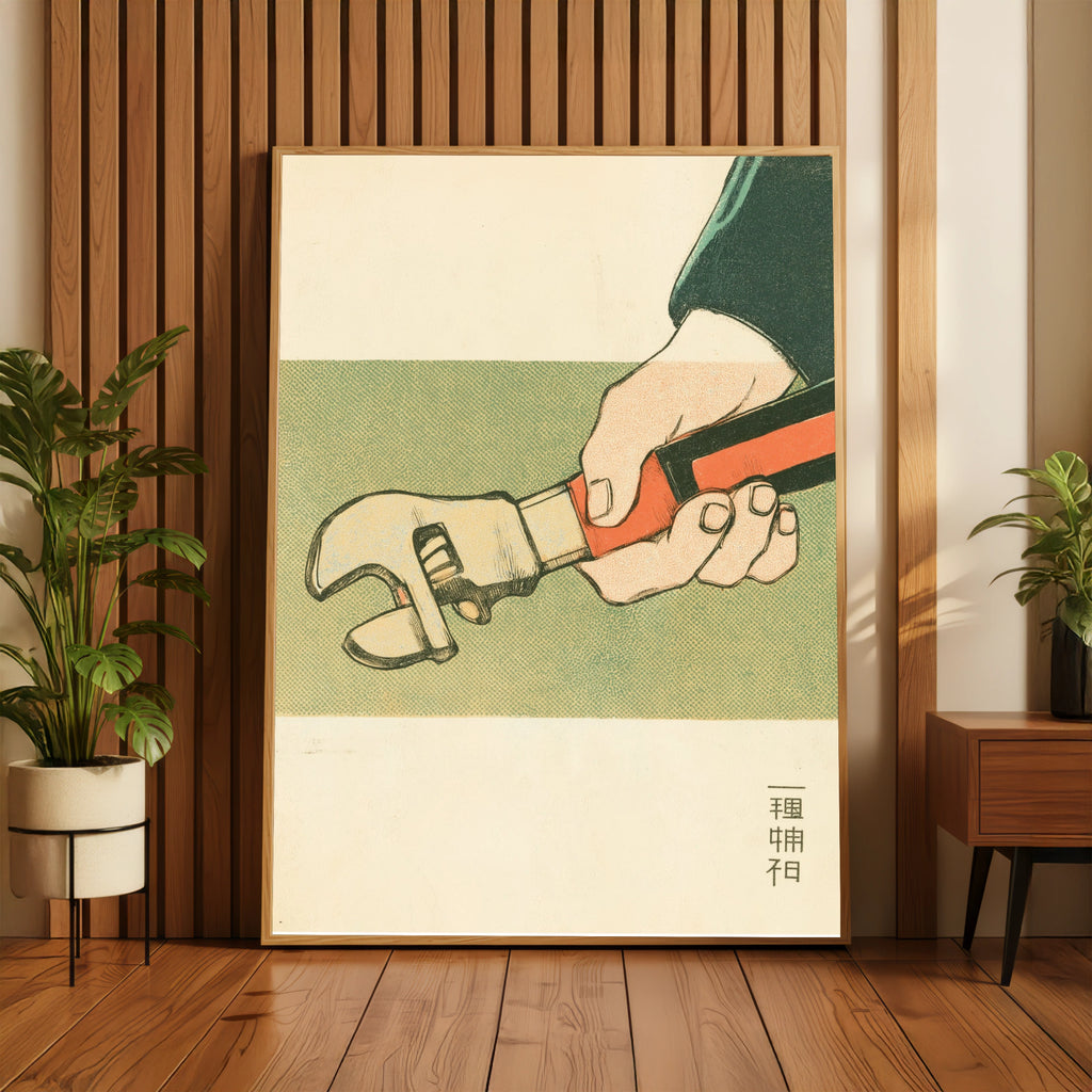 Vintage Japanese Wrench Poster, Retro Tool Wall Art Print, Mid Century Workshop Decor