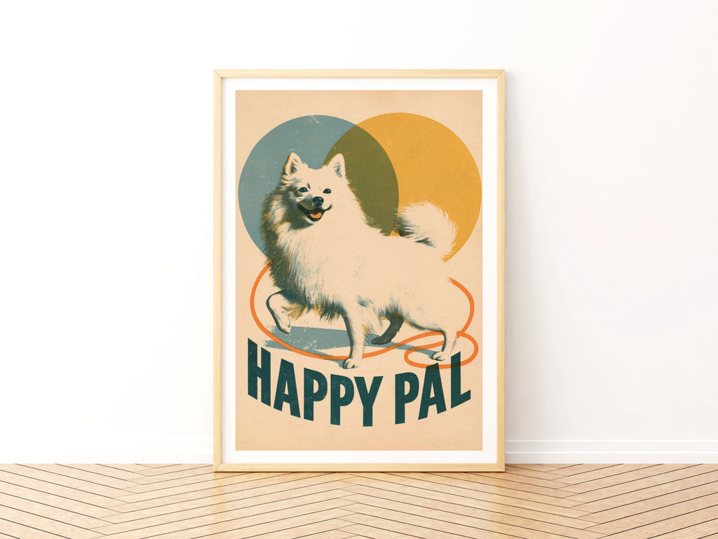 Retro Spitz Dog Poster, Happy Pal Folk Art Print, Vintage Style Wall Art Gift