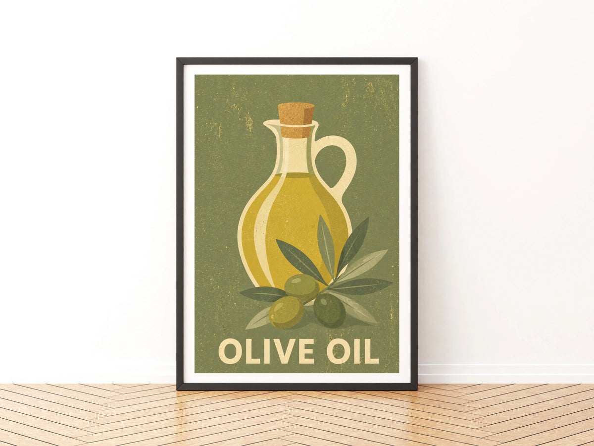 Olive Oil Vintage Food Poster Print | Rustic Kitchen Decor | Retro Mid Century Risograph Art