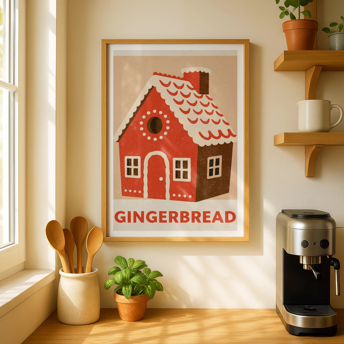 Christmas Gingerbread House Vintage Food Poster Print | Rustic Kitchen Decor | Retro Mid Century Risograph