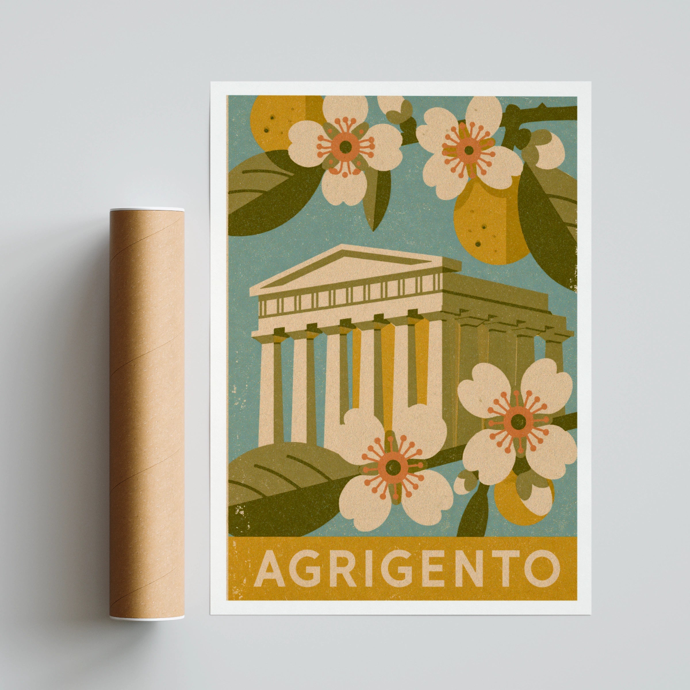 Agrigento Sicily Vintage Travel Poster, Italy Greek Temple Wall Art Print