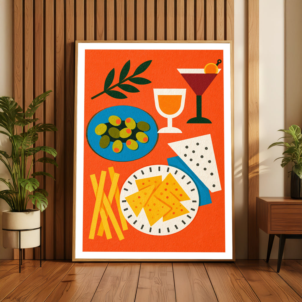 Vintage Food Poster Print, Rustic Kitchen Decor, Retro Mid Century Risograph Cocktail Olive Art