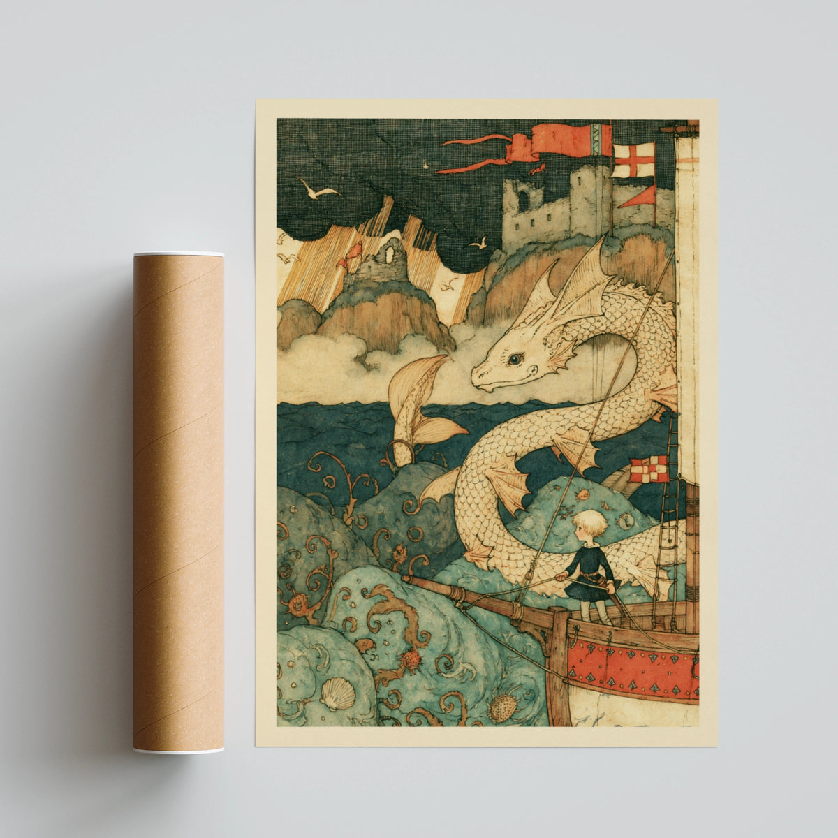  Dragon & Knight Children's Print, Fantasy Sea Adventure, Kids Wall Art Collectable Art