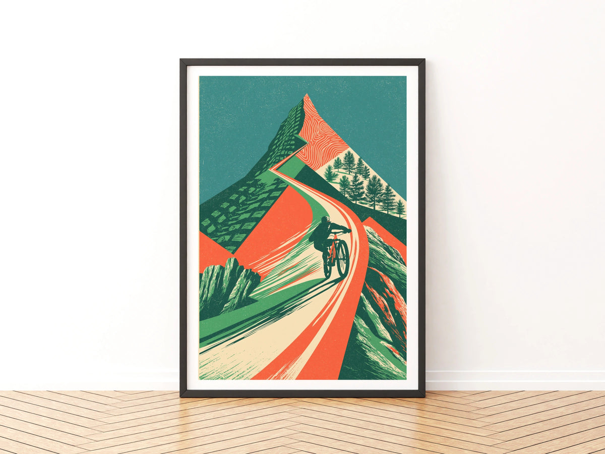Mountain Bike Retro Poster, MTB Trail Art Print, Vintage Cycling Wall Art, Green Orange Decor