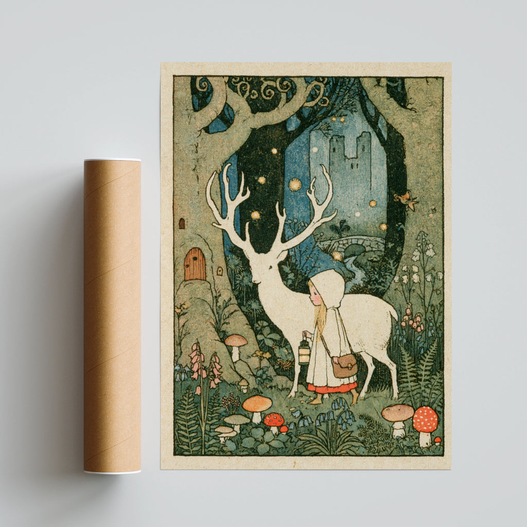 White Stag Fairy Tale Print, Victorian Children's Art, Magical Forest Girl Poster, Retro Collectable