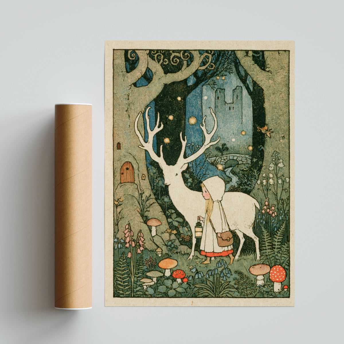 White Stag Fairy Tale Print, Victorian Children's Art, Magical Forest Girl Poster, Retro Collectable