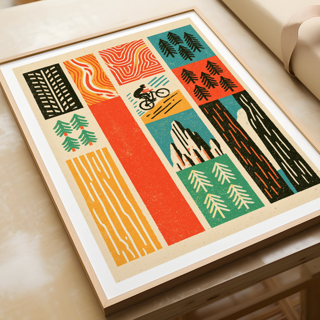 Retro Mountain Bike Poster, MTB Trail Art Print, Cycling Gift, Pine Tree Wall Art
