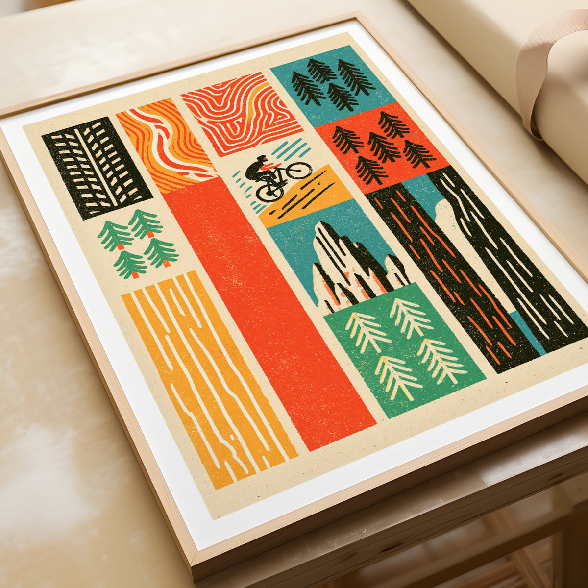 Retro Mountain Bike Poster, MTB Trail Art Print, Cycling Gift, Pine Tree Wall Art