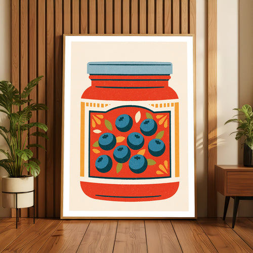 Vintage Food Poster Print | Rustic Kitchen Decor, Blueberry Jam Jar Art, Retro Fruit Illustration