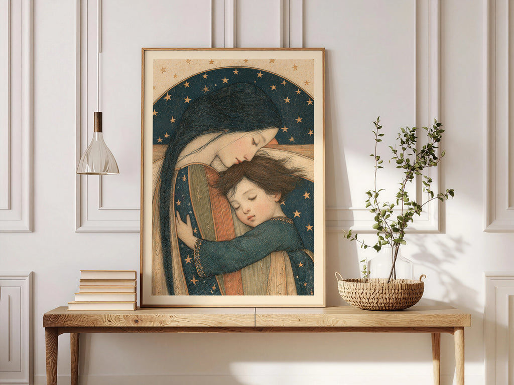 Mother and Child Wall Art, Vintage Starry Night Nursery Print, Celestial Maternal Hug Poster