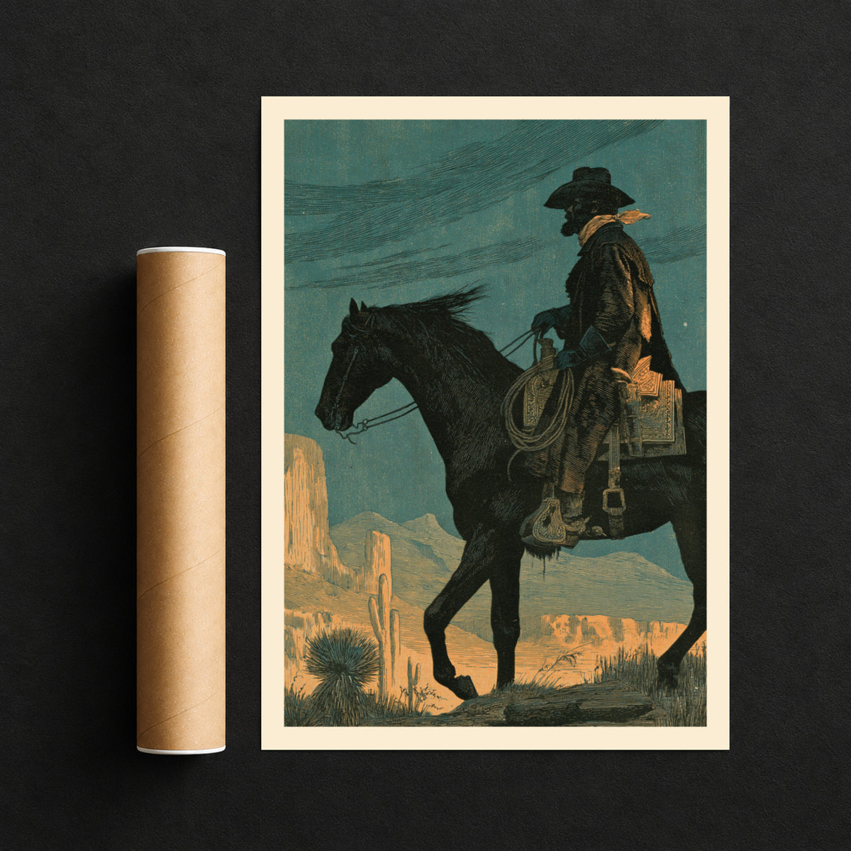 Western Cowboy Wall Art, Vintage Desert Landscape Print, Cowboy on Horseback Poster, Teal and Orange