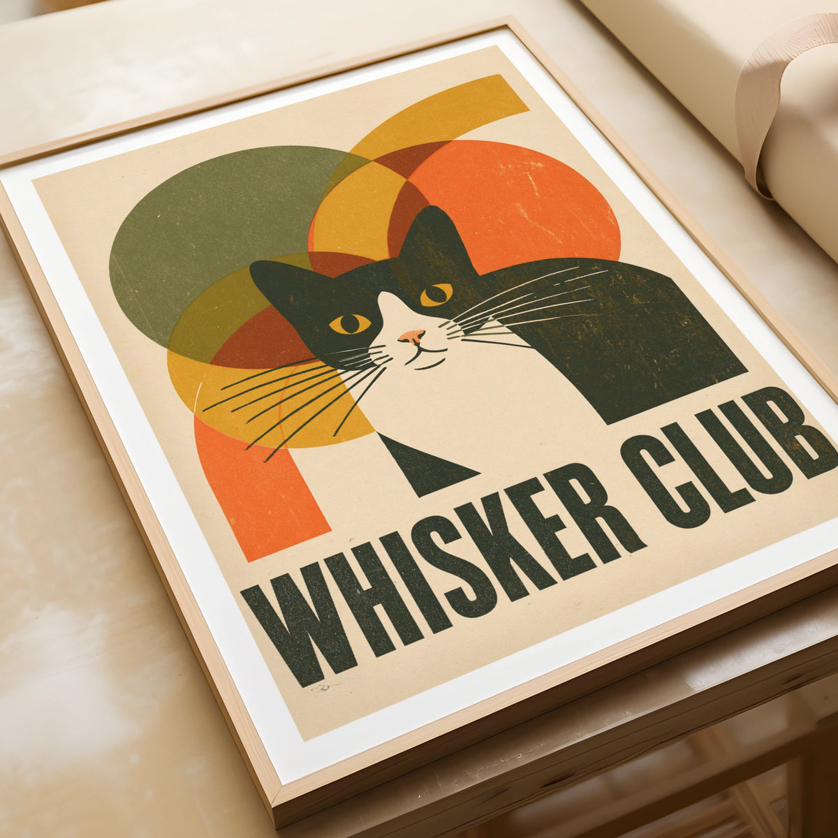 Whisker Club Retro Cat Print, Tuxedo Cat Wall Art, Mid Century Modern Cat Gift