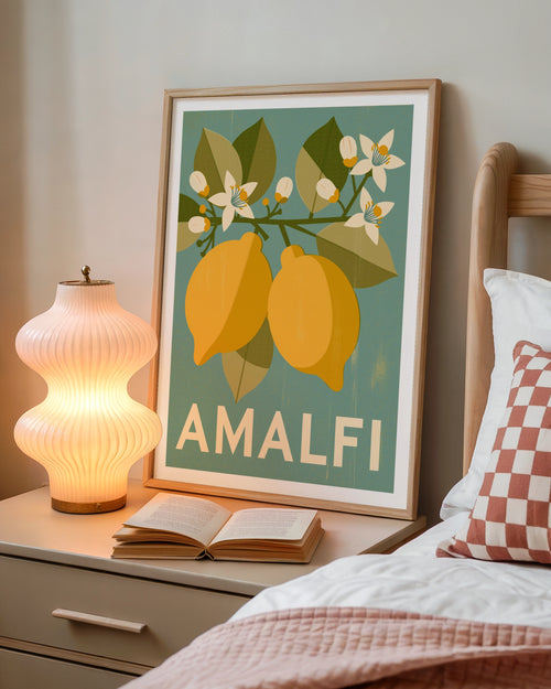 Amalfi Coast Retro Lemon Poster, Italian Travel Print, Teal Yellow Kitchen Wall Art