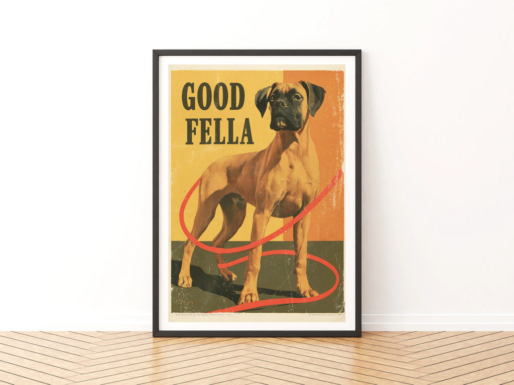 Retro Boxer Dog Poster, Good Fella Vintage Dog Print, Folk Wall Art, Dog Lover Gift