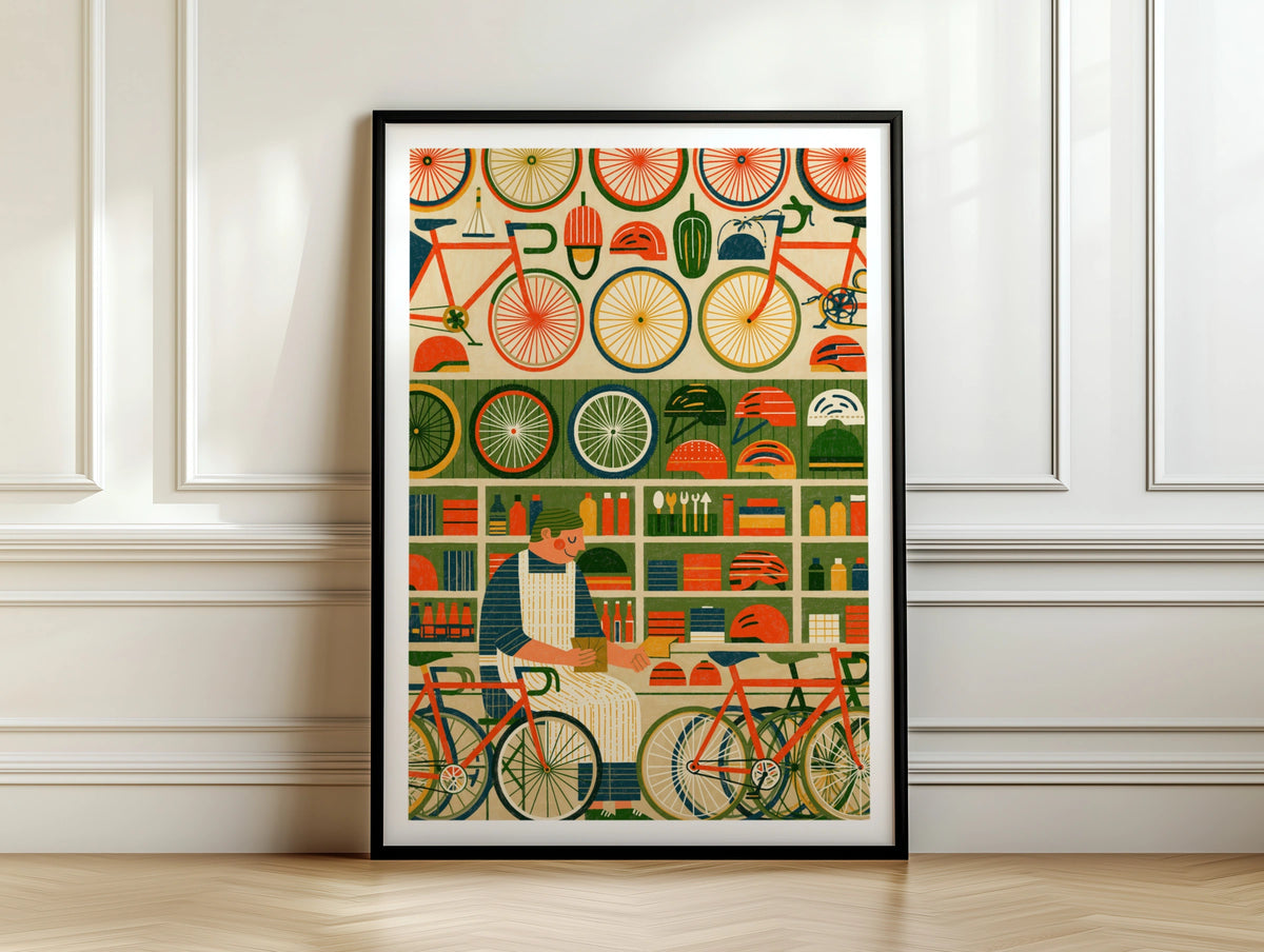 Retro Bicycle Shop Poster, Vintage Cycling Art Print, Bike Store Wall Decor, Cyclist Gift
