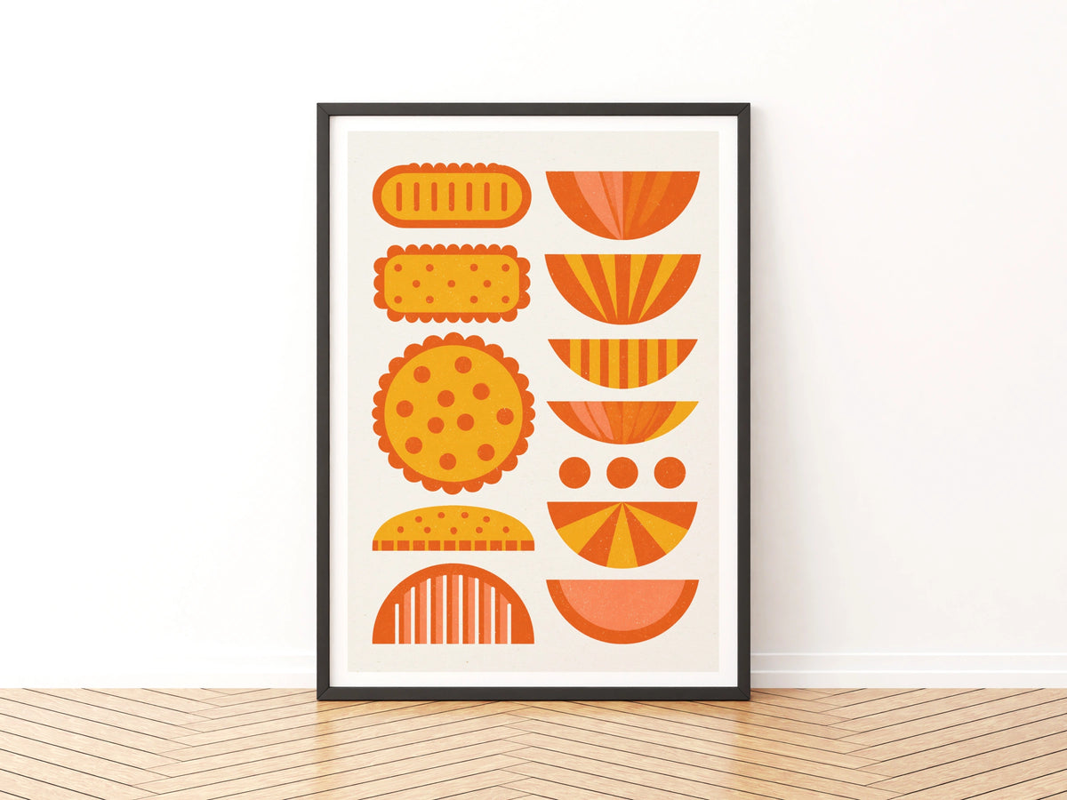 Retro Biscuit Print, Mid Century Kitchen Wall Art, Orange Food Poster, Fun Cookie Art
