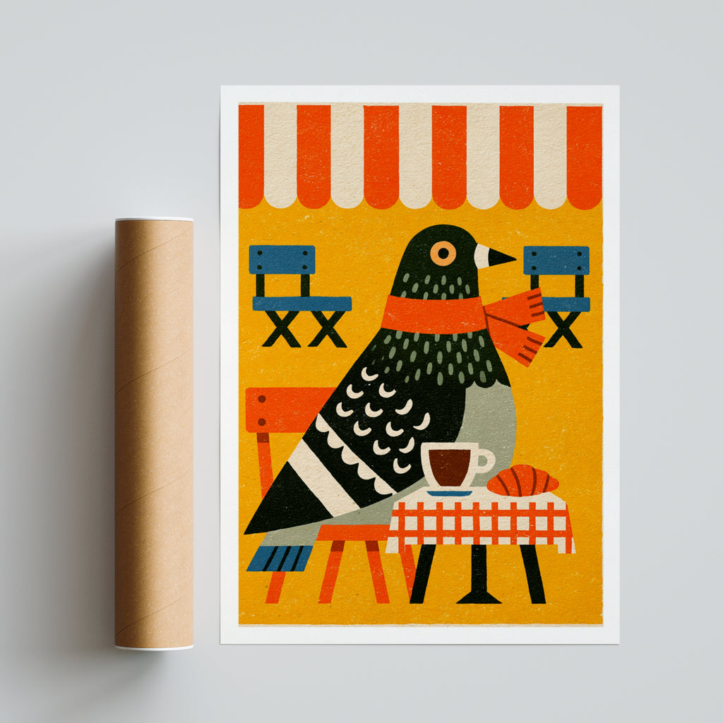 Vintage Pigeon Cafe Poster, Retro Bird Coffee Print, Funny Animal Wall Art, Bold Colourful