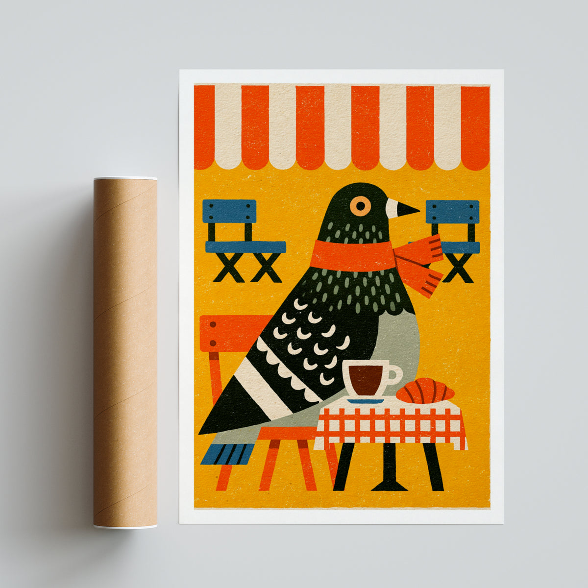Vintage Pigeon Cafe Poster, Retro Bird Coffee Print, Funny Animal Wall Art, Bold Colourful
