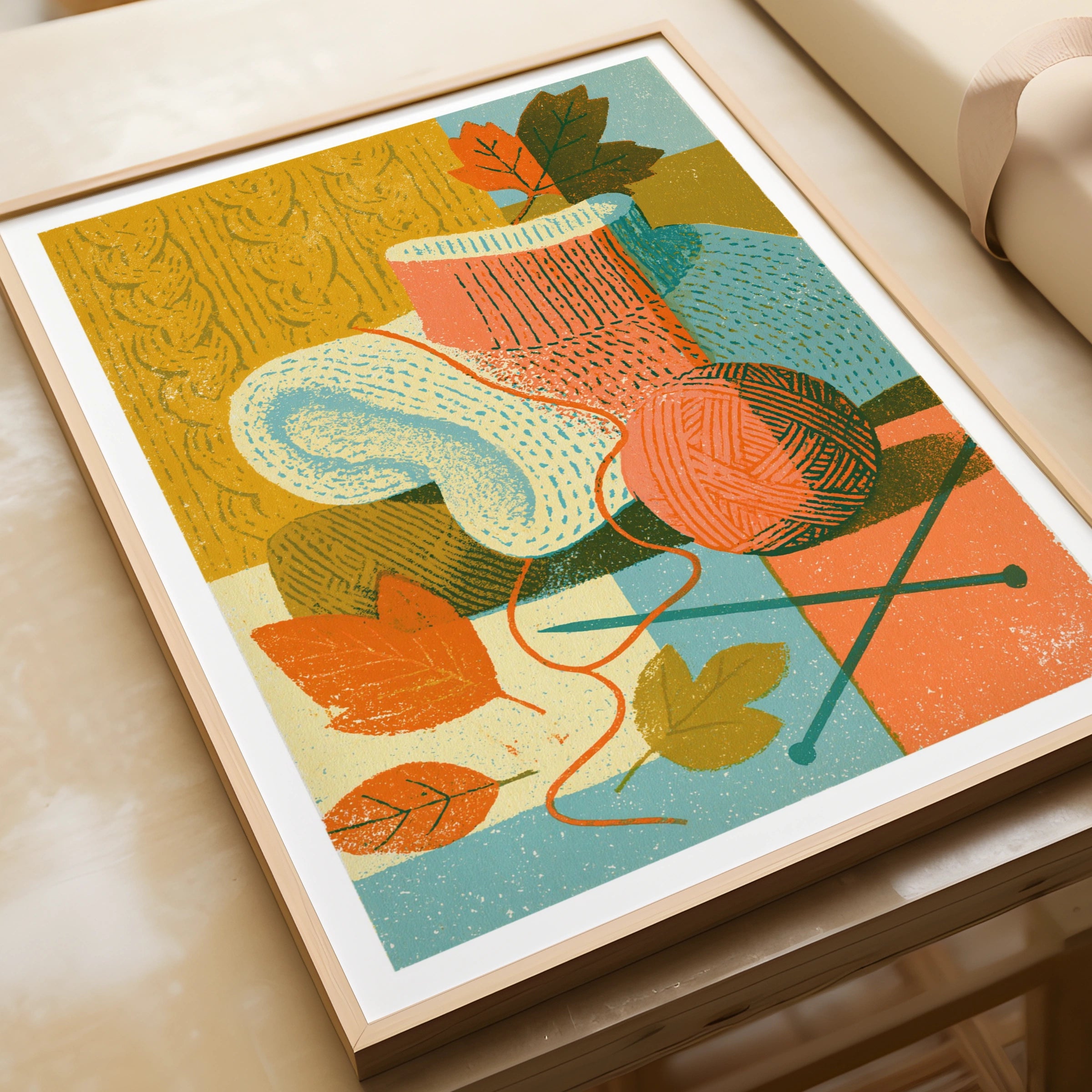 Retro Knitting Poster, Autumn Wool Art Print, Cosy Fall Craft Wall Decor, Vintage Style