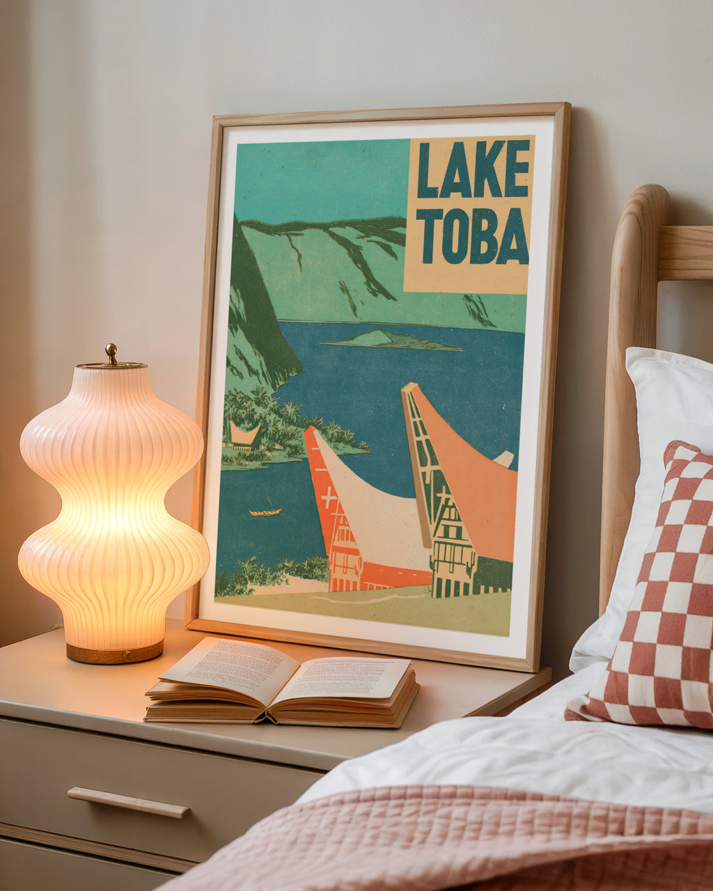 Retro Lake Toba Print, Vintage Travel Poster, Sumatra Indonesia Wall Art, Batak House Art Print