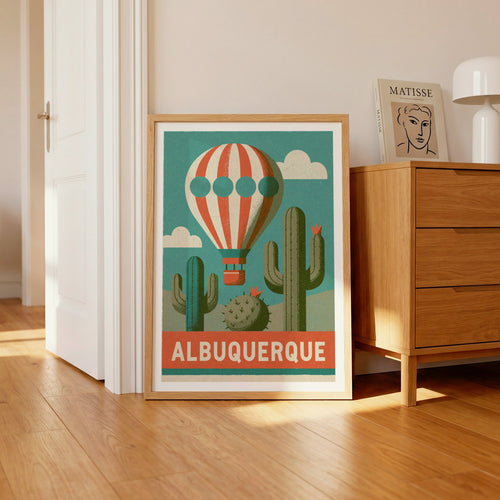 Albuquerque Retro Travel Poster, New Mexico Hot Air Balloon Cactus Desert Wall Art Print