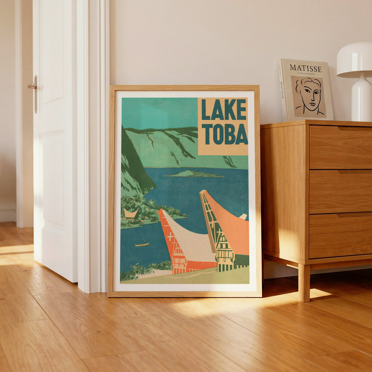 Retro Lake Toba Print, Vintage Travel Poster, Sumatra Indonesia Wall Art, Batak House Art Print