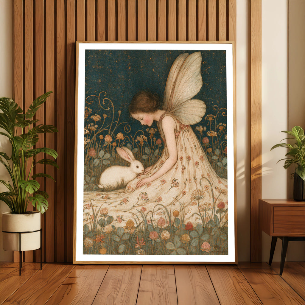 Fairy and Rabbit Print, Classic Folk Art Poster, Vintage Floral Fantasy Wall Art, Cottagecore