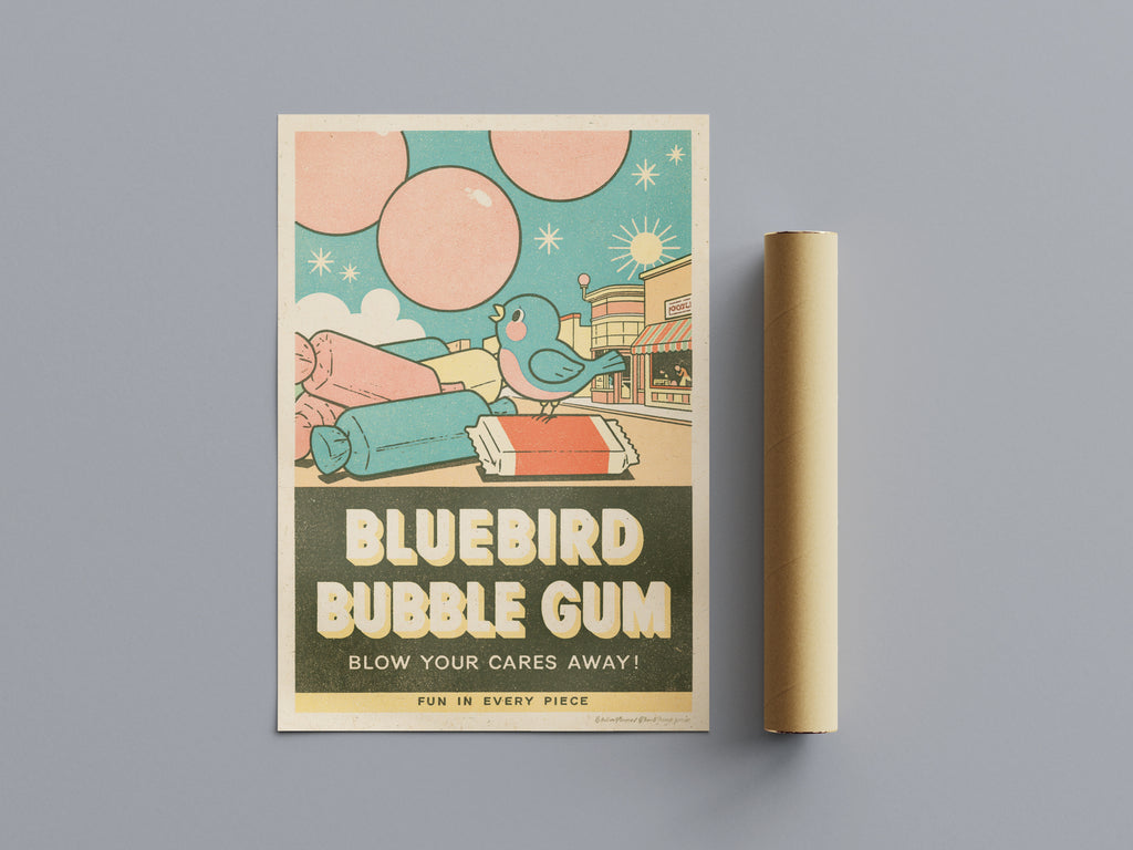 Contemporary Bluebird Bubble Gum Print, Retro Sweet Shop Wall Art, Kitchen Diner Decor