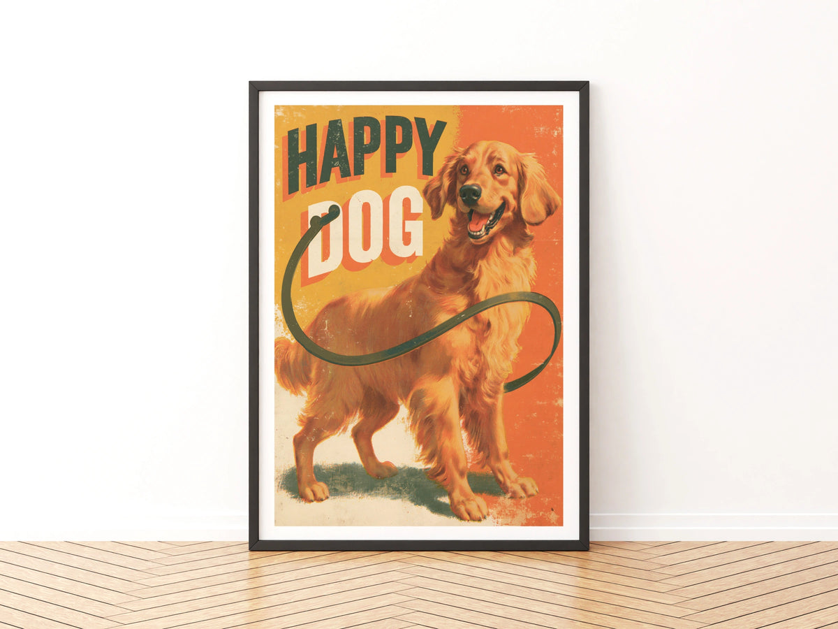 Happy Dog Retro Poster, Golden Retriever Wall Art, Vintage Dog Print, Orange Folk Style