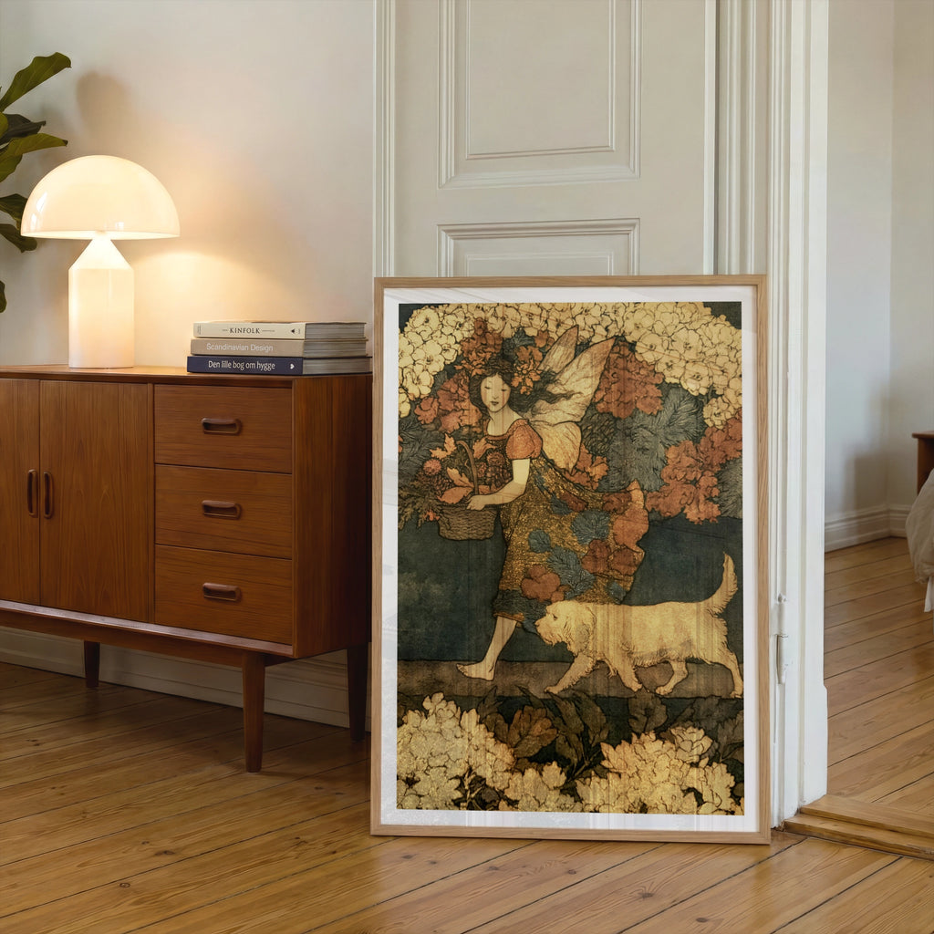 Fairy Girl with Dog Classic Inspired Print, Floral Folk Art Poster, Vintage Botanical Wall Art