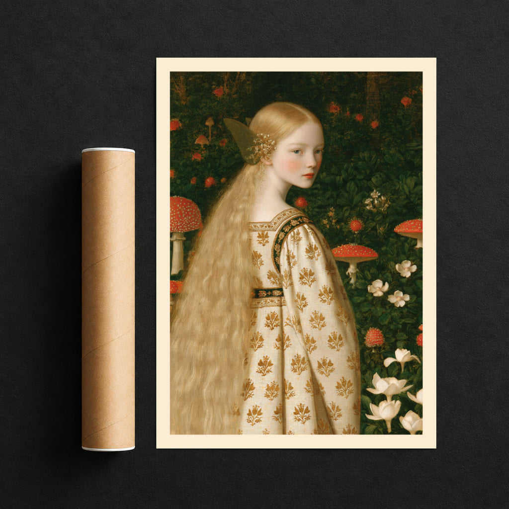 Fairy Girl in Mushroom Forest Print, Pre-Raphaelite Fairytale Art, Cottagecore Woodland Wall Art