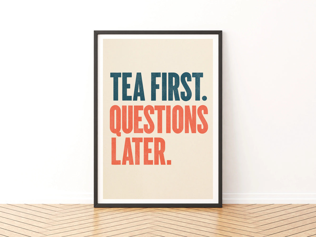 Tea First Questions Later Print, Vintage Food Poster Print, Rustic Kitchen Decor, Retro Mid Century