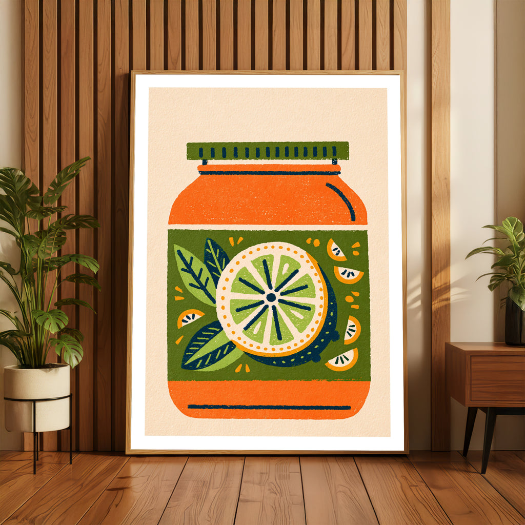 Vintage Food Poster Print, Retro Jam Jar Lemon Art, Rustic Kitchen Decor, Mid Century Risograph