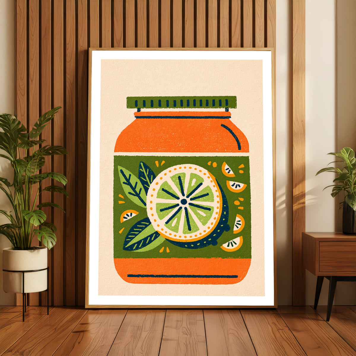 Vintage Food Poster Print, Retro Jam Jar Lemon Art, Rustic Kitchen Decor, Mid Century Risograph